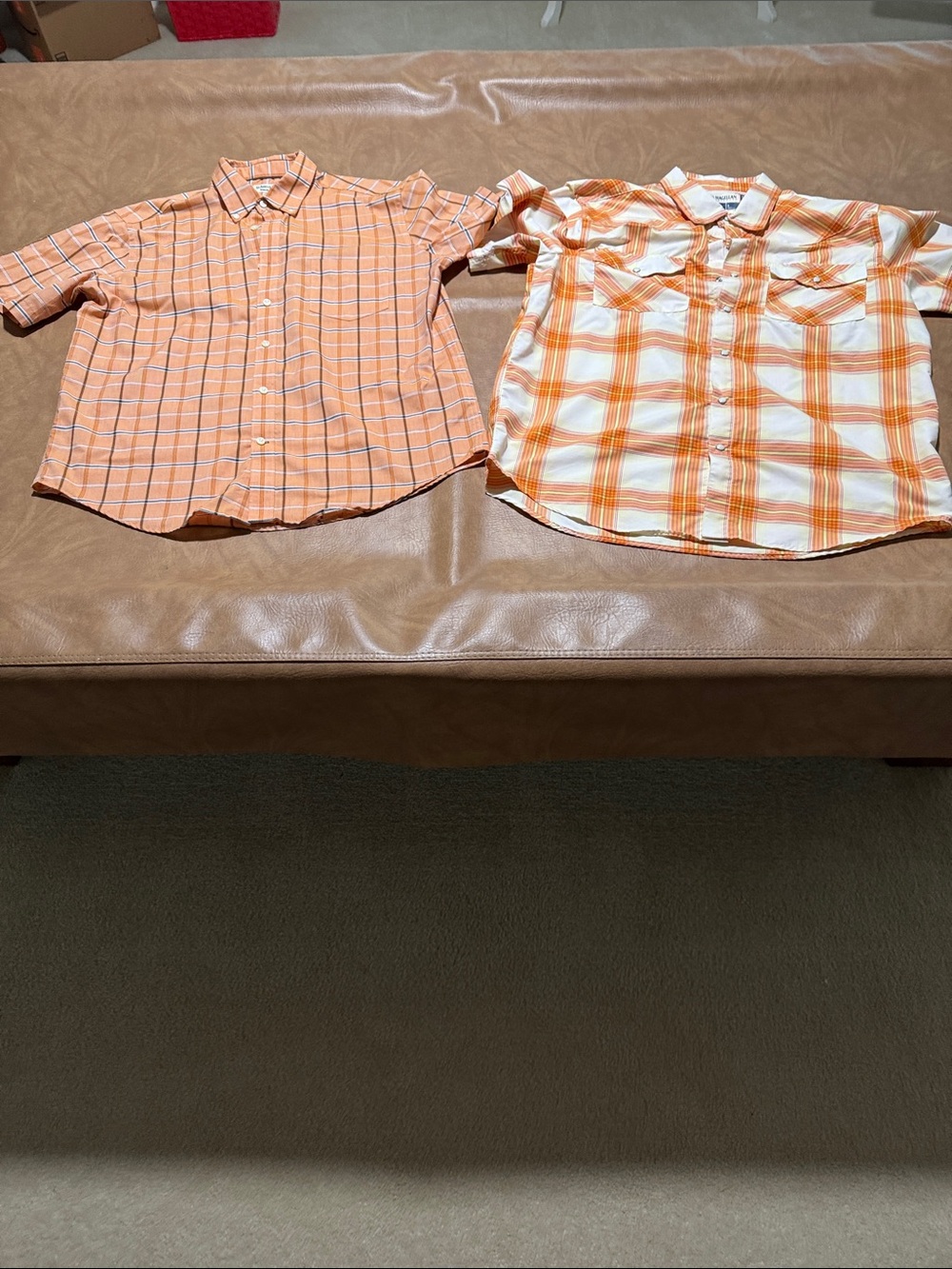 Men's Orange Plaid Short-Sleeve Dress Shirt - Casual Button-Up
